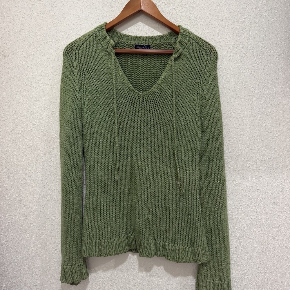 American Eagle Chunky Knit Sweater Pullover Sage Green Y2K VNeck Size Medium